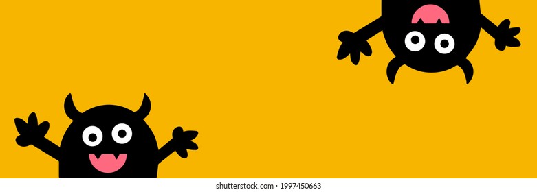 Set line monster, Two monsters hanging upside down, Cute funny cute baby cartoon character, yellow background vector.