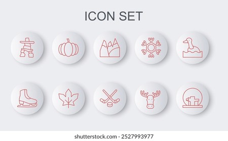 Set line Montreal Biosphere, Skates, Mountains, Moose head with horns, Inukshuk, Pumpkin, Canadian maple leaf and Ice hockey sticks and puck icon. Vector