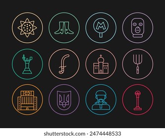 Set line Monument of Independence, Garden pitchfork, Metro Underground, Medieval sword, Mother Motherland monument, Sunflower, Church building and Ukrainian footwear icon. Vector