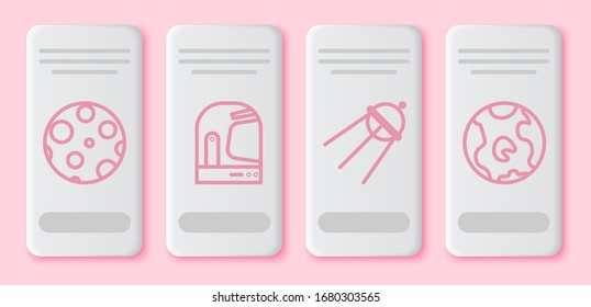 Set line Moon, Astronaut helmet, Satellite and Earth globe. White rectangle button. Vector