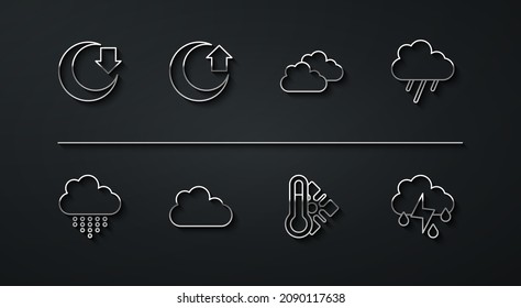 Set line Moon, Cloud with rain, Meteorology thermometer, and lightning and  icon. Vector