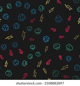 Set line Moon, Cloud with rain, Lightning bolt and Cone meteorology windsock wind vane on seamless pattern. Vector