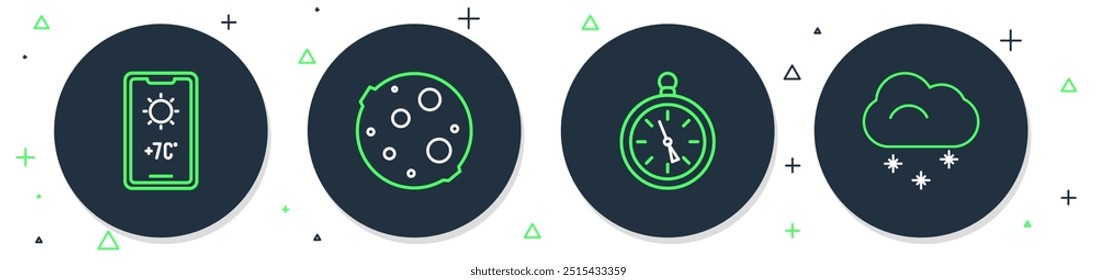 Set line Moon, Compass, Weather forecast and Cloud with snow icon. Vector