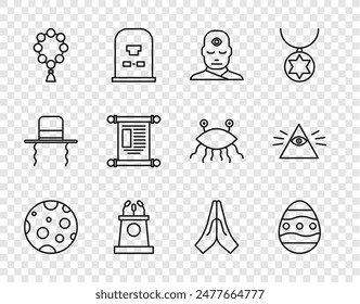 Set line Moon, Easter egg, Man with third eye, Stage stand or tribune, Rosary beads religion, Decree, paper, parchment, scroll, Hands in praying position and Masons icon. Vector