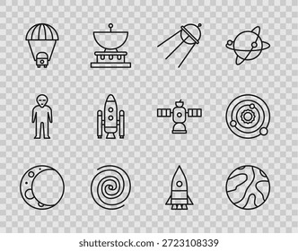 Set line Moon, Falling stars, Satellite, Black hole, Planet Saturn, Space shuttle and rockets, Rocket ship e ícone do sistema solar. Vetor