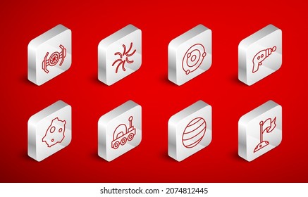 Set line Moon with flag, Black hole, Solar system, Ray gun, Planet, Cosmic ship, Mars rover and Asteroid icon. Vector