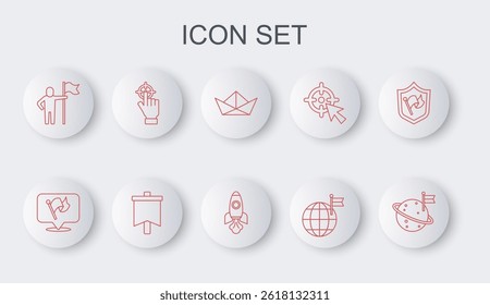 Set line Moon with flag, Flag, Folded paper boat, Planet, Man holding, Target, and Rocket ship icon. Vector