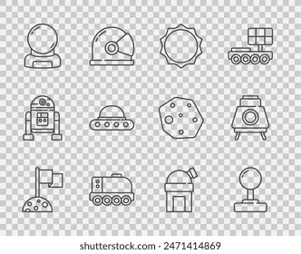 Set line Moon with flag, Joystick, Sun, Mars rover, Astronaut helmet, UFO flying spaceship, Astronomical observatory and  icon. Vector
