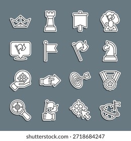 Fije la línea con la bandera de la luna, la medalla, el ajedrez, la bandera, el barco de papel doblado y el icono. Vector