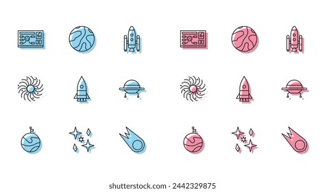 Set line Moon with flag, Planet, Futuristic hud interface, Comet falling down fast, Rocket ship, UFO flying spaceship, Black hole and Falling stars icon. Vector