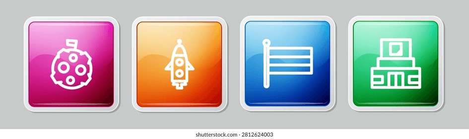 Set line Moon with flag, Rocket ship, National Russia and Mausoleum of Lenin. Colorful square button. Vector