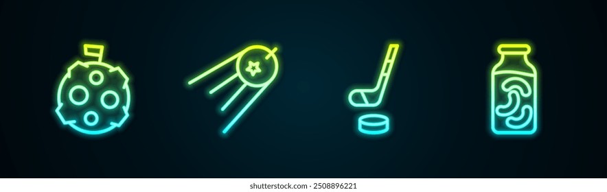 Set line Moon with flag, Satellite, Ice hockey stick and puck and Pickled cucumbers in jar. Glowing neon icon. Vector