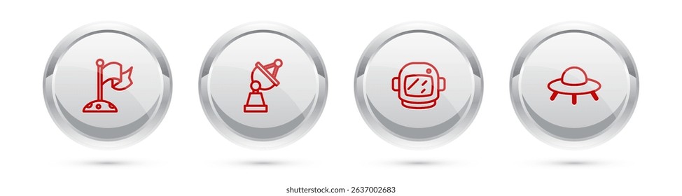 Set line Moon with flag, Satellite dish, Astronaut helmet and UFO flying spaceship. Silver circle button. Vector