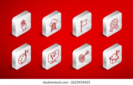 Set line Moon with flag, Stair finish, Flag, Medal, Target,  and Planet icon. Vector