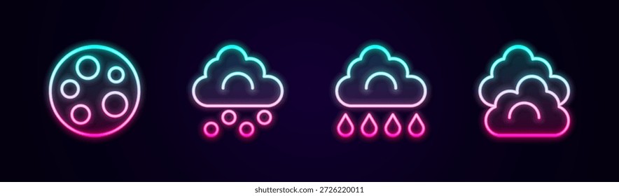 Línea fija Luna, Nube de granizo, Nube con lluvia y . Icono de neón brillante. Vector