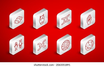 Set line Moon, Horse zodiac, Gemini, Palmistry of the hand, Planet Venus, Monkey, Pisces and  icon. Vector