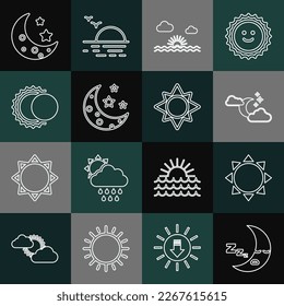 Set line Moon icon, Sun, Cloud with moon and stars, Sunset, Eclipse of the sun,  and  icon. Vector