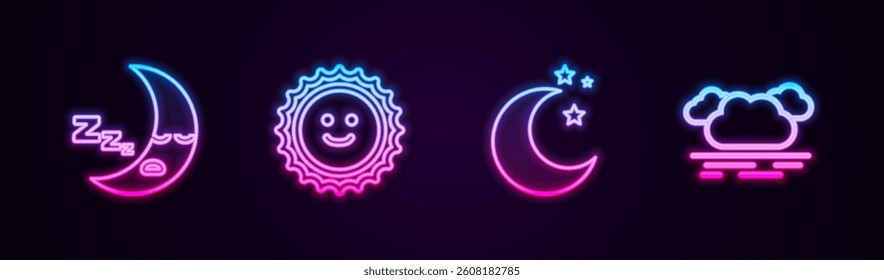 Set line Moon icon, Sun, and stars and Cloud. Glowing neon icon. Vector