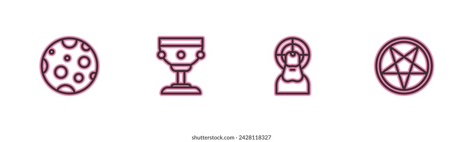 Set line Moon, Jesus Christ, Christian chalice and Pentagram in circle icon. Vector