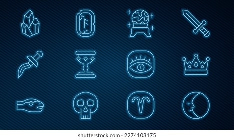 Set Linie Moon, King Kronen, Magic Ball, mittelalterliche Goblet, Dagger, Stein, Masons und Runen Symbol. Vektorgrafik