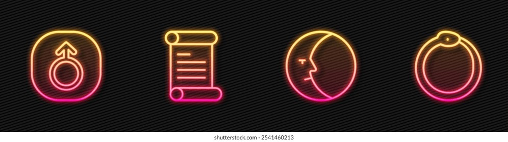 Set line Moon, Mars, Decree, parchment, scroll and Ouroboros. Glowing neon icon. Vector