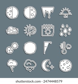 Set line Moon, Meteorology thermometer, Water drop, Icicle, Eclipse of sun, Fog and cloud,  and Calendar icon. Vector