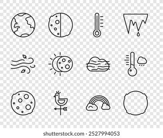 Luna, termómetro de meteorología, paleta de Clima del gallo, globo terráqueo, eclipse de sol, arco iris con nubes e ícono. Vector