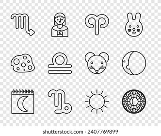 Set line Moon phases calendar, Astrology horoscope circle, Aries zodiac, Capricorn, Scorpio, Libra, Sun and Eclipse of the sun icon. Vector
