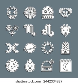 Set line Moon phases calendar, Astrology woman, Aries zodiac, Magic ball, Scorpio, Falling star, Ox and Leo icon. Vector