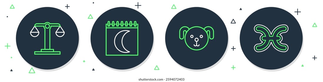 Set line Moon phases calendar, Dog zodiac, Libra and Pisces icon. Vector