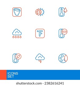 Set line Moon phases, Cloud and lightning, Thermometer, with rain, Fahrenheit,  and Eclipse of the sun icon. Vector
