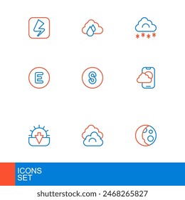 Compass oeste, sur, con Clima y nevada, App de previsión de nevada, nubes, puesta del sol, brújula oeste. Vector