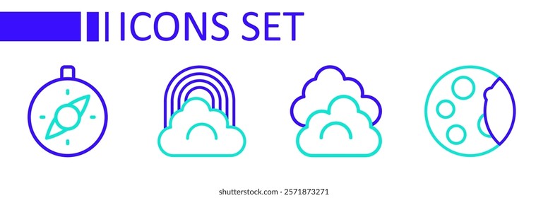 Set line Moon phases, Cloud, Rainbow with cloud and Compass icon. Vector