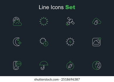 Set line Moon phases, Compass, Umbrella, Thermometer, Weather forecast app, Solar energy panel, Sun and and stars icon. Vector