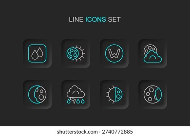 Set line Moon phases, Day night cycle, Cloud and lightning, with moon, Compass north, Eclipse of the sun and Water drop icon. Vector
