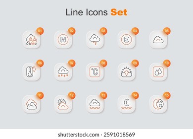 Set line Moon phases, Night fog or smoke, Fog and cloud, Cloud with moon, Water drop, Sunset and Celsius icon. Vector
