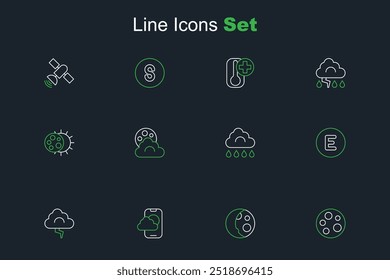 Luna, fases, App de pronóstico de Clima, Nube y relámpagos, Brújula oeste, con lluvia, luna y eclipse de sol. Vector