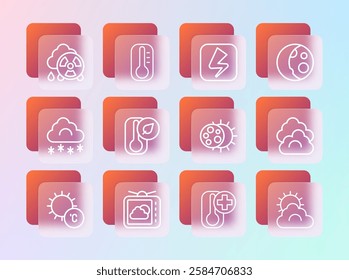 Set line Moon phases, Weather forecast, Eclipse of sun, Thermometer, Lightning bolt, Acid rain radioactive cloud and  icon. Vector