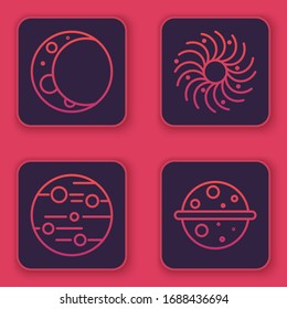 Set line Moon, Planet Mars, Black hole and Planet Venus. Blue square button. Vector