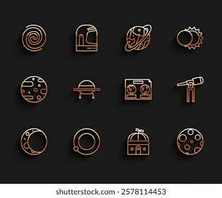 Set line Moon, Satellites orbiting the planet Earth, Black hole, Astronomical observatory, UFO flying spaceship, Telescope and Celestial map of night sky icon. Vector