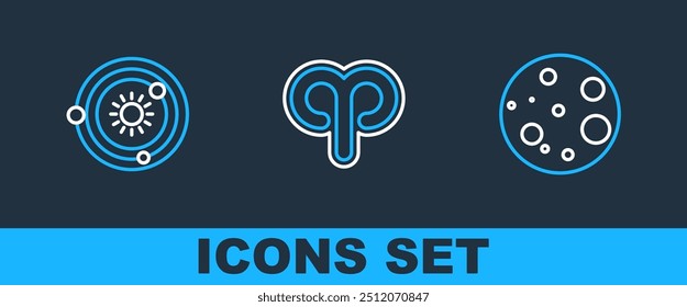 Set line Moon, Solar system and Aries zodiac icon. Vector