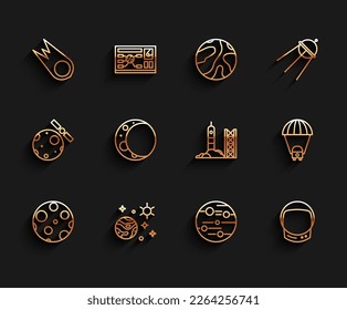Set line Moon, Space and planet, Comet falling down fast, Planet Mars, Astronaut helmet, Saturn and Rocket launch from the spaceport icon. Vector