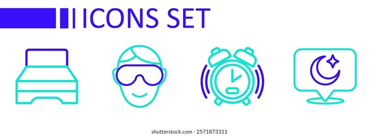 Set line Moon and stars, Alarm clock, Eye sleep mask and Big bed icon. Vector