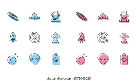 Set line Moon and stars, Alien, Planet, Solar system, UFO flying spaceship, Rocket with fire and  icon. Vector
