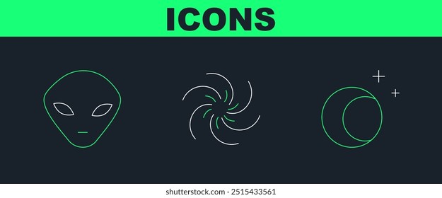 Set line Moon and stars, Alien and Black hole icon. Vector