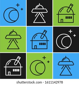 Set line Moon and stars, Astronomical observatory and UFO flying spaceship icon. Vector
