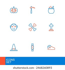 Set line Moon and stars, Candy, Witch hat, Tombstone with cross, Vampire, Crossed bones, Halloween witch cauldron and Scythe icon. Vector