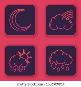 Set line Moon and stars, Cloud with rain and sun, Rainbow with clouds and Cloud with rain. Blue square button. Vector