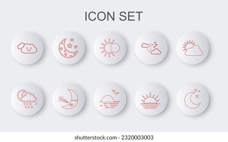 Set line Moon and stars, Cloud with rain moon, Eclipse of the sun, Sunset, icon and  icon. Vector