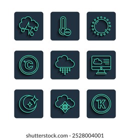 Set line Moon and stars, Cloud with snow, Kelvin, Sun, rain, Celsius, lightning and Weather forecast icon. Vector